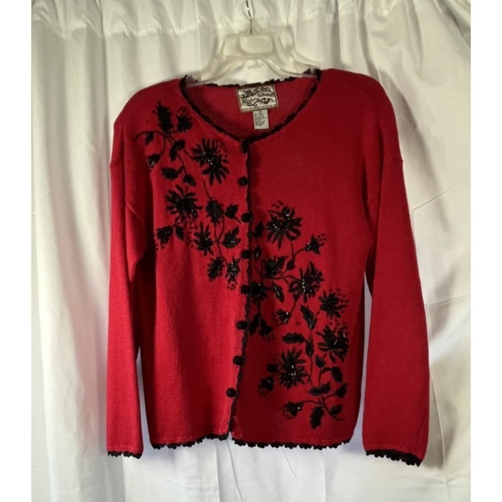 Vintage Heirloom Collectibles Red Sweater Cardigan Beaded Embroidered‎ Medium